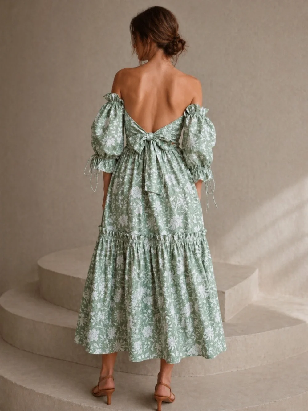EDDY Olivia Midi Dress Green Ivory Floral Puff Sleeve Bow Back NWT Size S - Picture 3 of 15